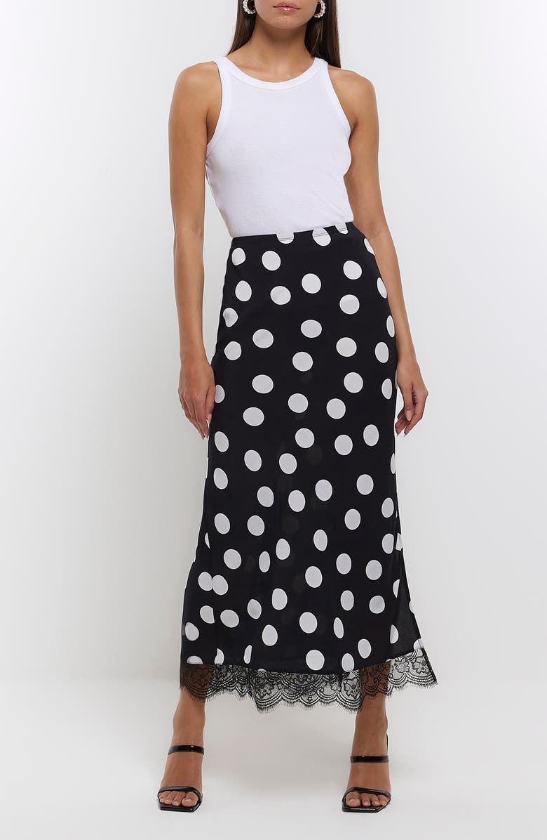River Island Lace Trim Polka Dot Bias Satin Midi Skirt, Alternate, color,