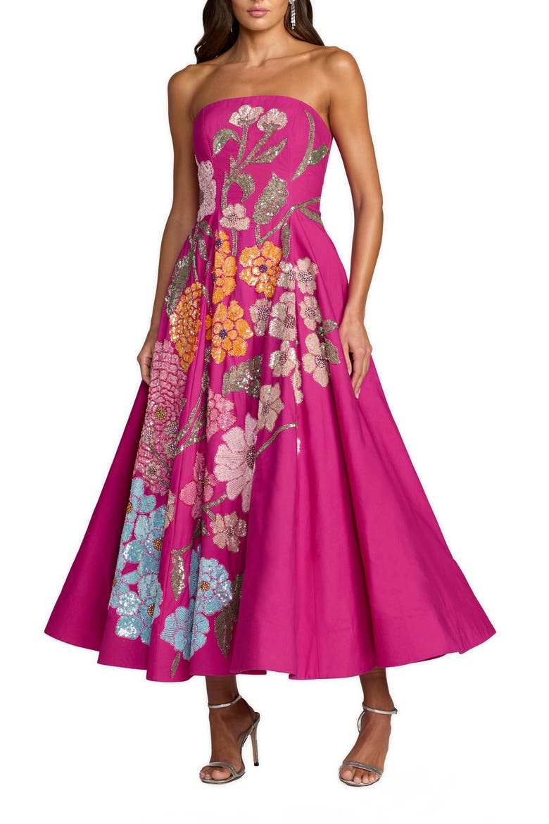 Strapless Floral Embellished Midi Dress, Main, color, Hot Pink Multi