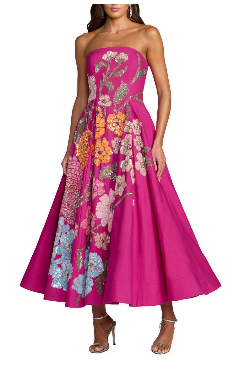 Mac Duggal Strapless Floral Embellished Midi Dress, Main, color, Hot Pink Multi