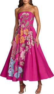 Mac Duggal Strapless Floral Embellished Midi Dress