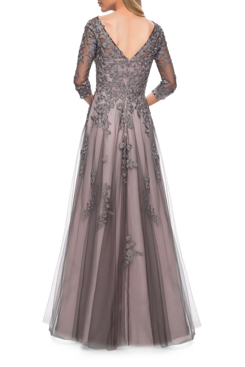 A Line Gown with Sheer Three-Quarter Sleeves, Alternate, color, Pink/Gray