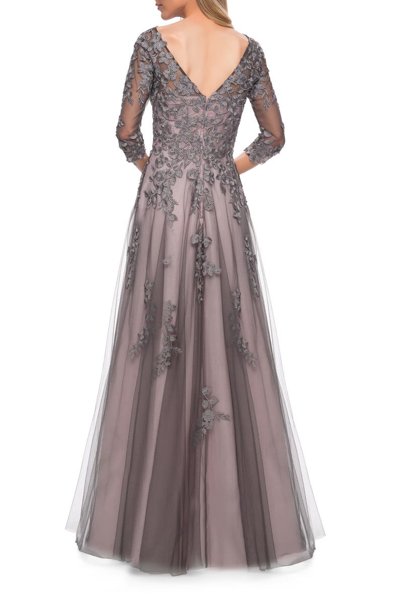 La Femme A Line Gown with Sheer Three-Quarter Sleeves, Alternate, color, Pink/Gray