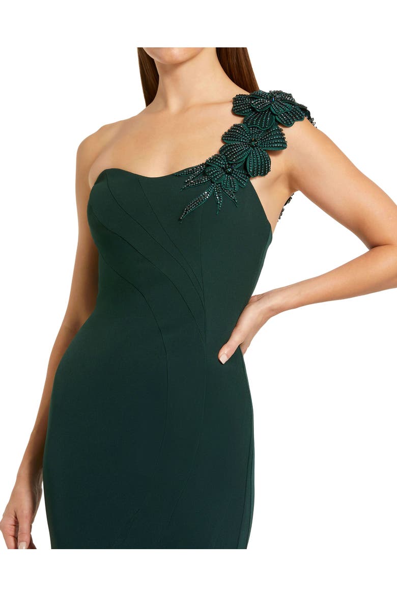 Crepe One Shoulder Beaded Flower Mermaid Gown, Alternate, color, Deep Green