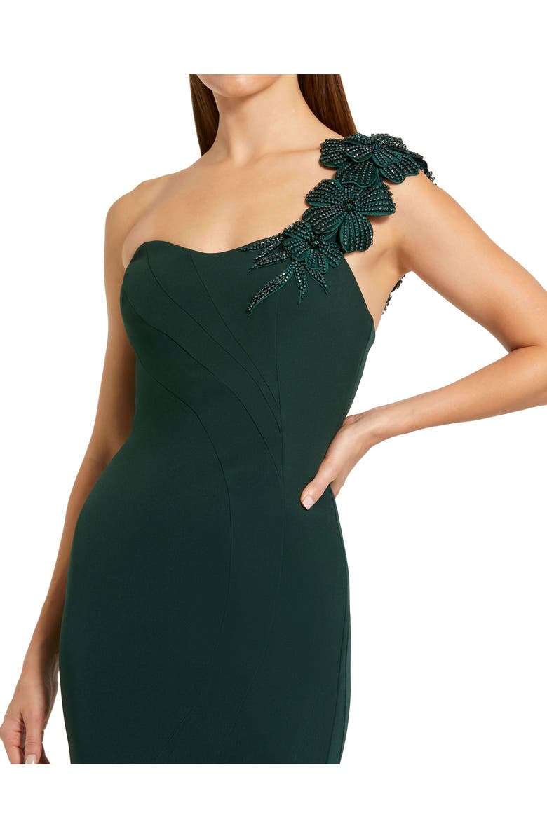Mac Duggal Crepe One Shoulder Beaded Flower Mermaid Gown, Alternate, color, Deep Green