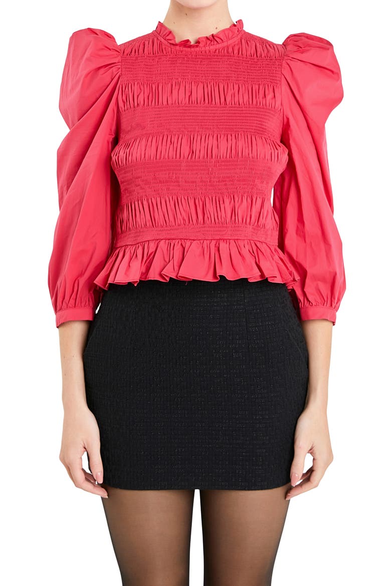Smocked Puff Shoulder Poplin Top, Alternate, color, CRIMSON RED