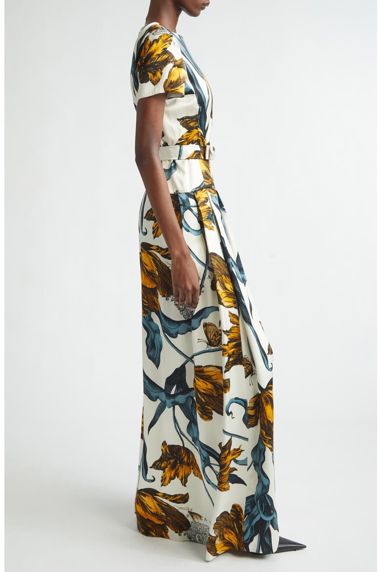 Tulip Print Belted Drop Waist Duchesse Satin Gown, Alternate, color, ETCHED TULIP BRONZE