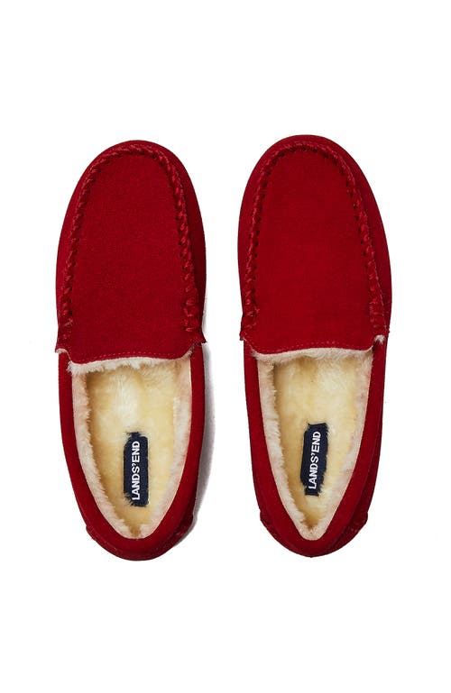 Lands' End Fuzzy Lined Suede Moccasin Slippers In Rich Red Suede