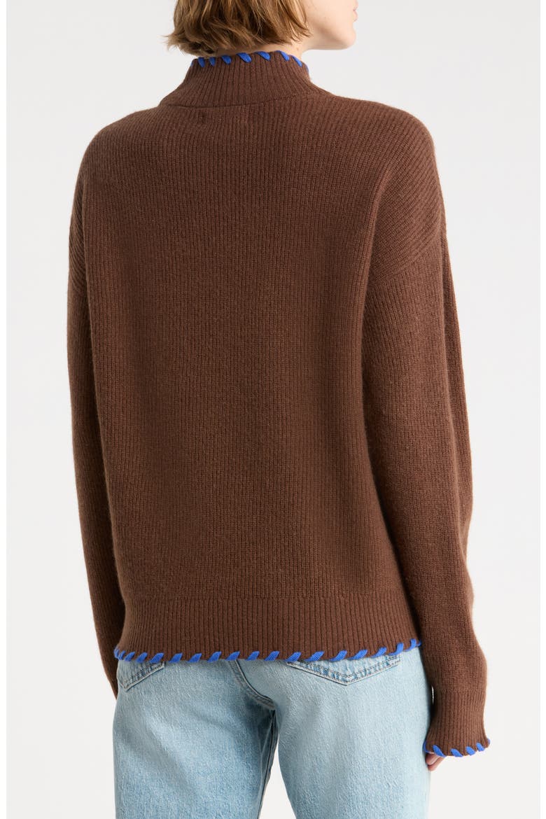 Whipstitch Mock Neck Wool & Cashmere Sweater, Alternate, color, COFFEE BROWN W/ BLUE CINEMA