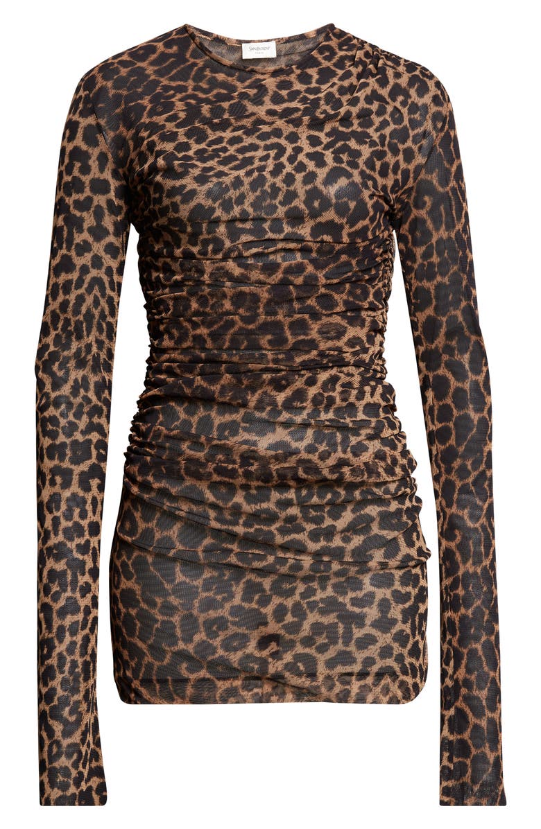 Saint Laurent Leopard Print Ruched Long Sleeve Mesh Minidress, Alternate, color, Leopard
