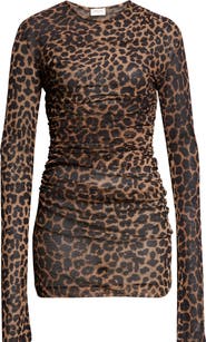 Saint Laurent Leopard Print Ruched Long Sleeve Mesh Minidress