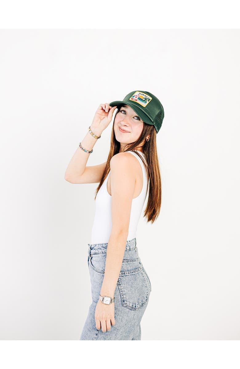 Rey To Z Florida Postcard Trucker Hat, Alternate, color, Dark Green