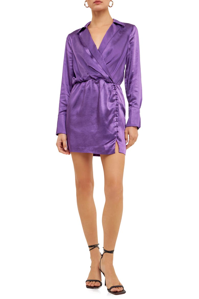Long Sleeve Satin Minidress, Main, color, PURPLE