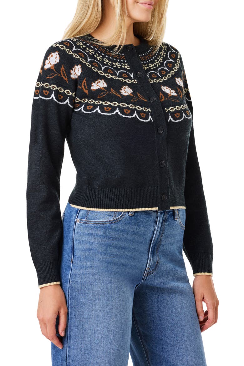 Border Detail Crewneck Cardigan, Alternate, color, CHARCOAL GREY/ SUGAR SWIZZLE