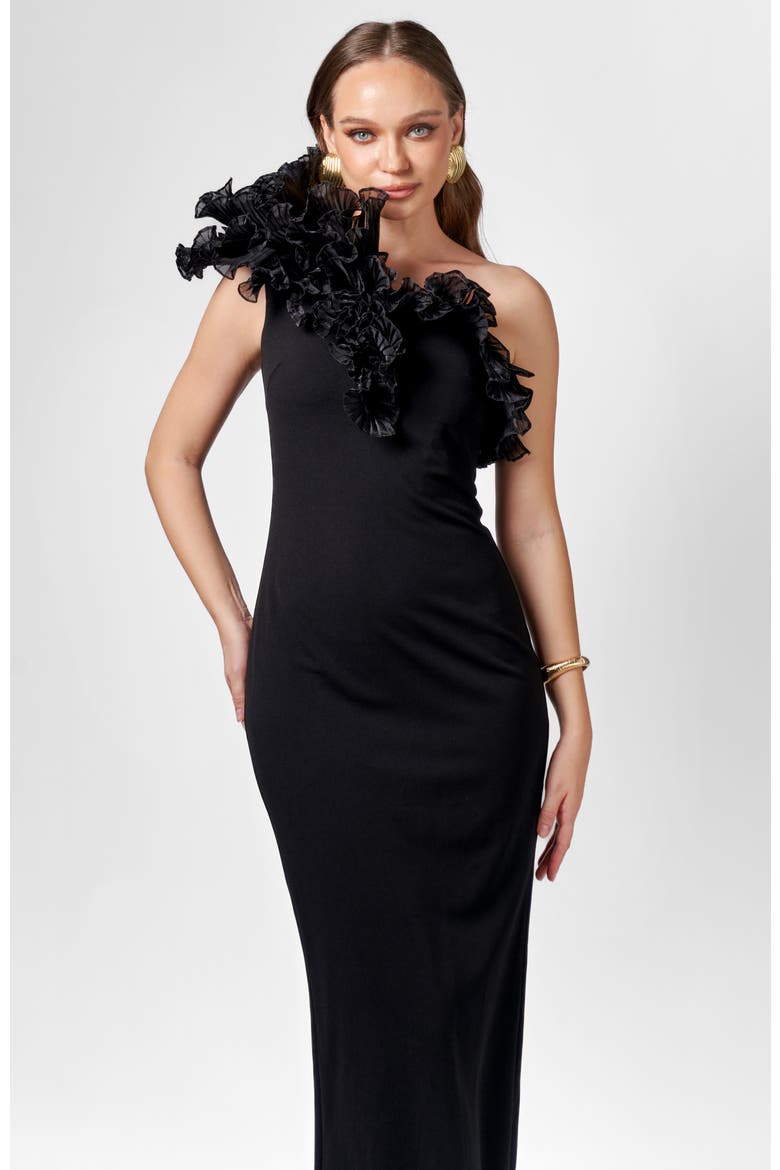 Elena One Shoulder Ruffle Midaxi, Alternate, color, BLACK