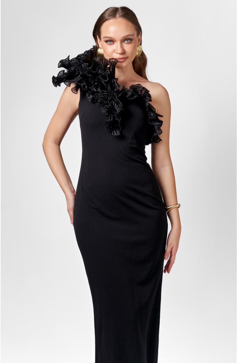 Bariano Elena One Shoulder Ruffle Midaxi, Alternate, color, Black