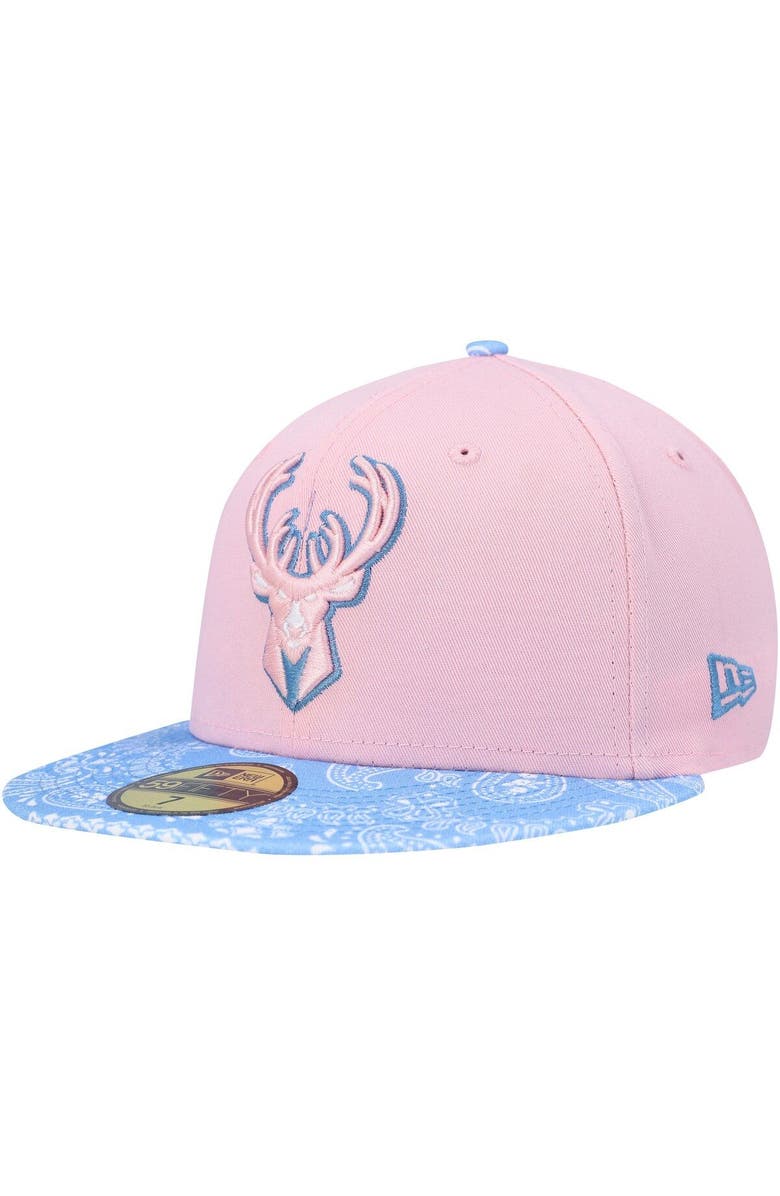 New Era Men's New Era Pink/Light Blue Milwaukee Bucks Paisley Visor 59FIFTY Fitted Hat, Alternate, color, 
