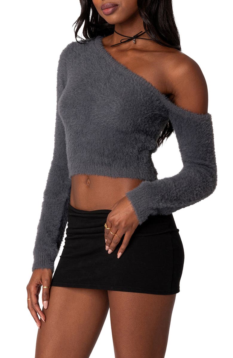 EDIKTED Frannie One-Shoulder Fuzzy Crop Top, Alternate, color, 