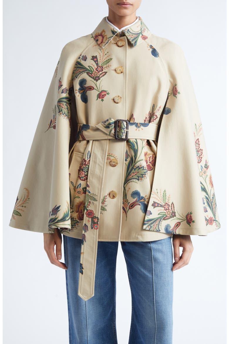 Paisley Cape Trench Coat, Main, color, PRINT ON WHITE BASE