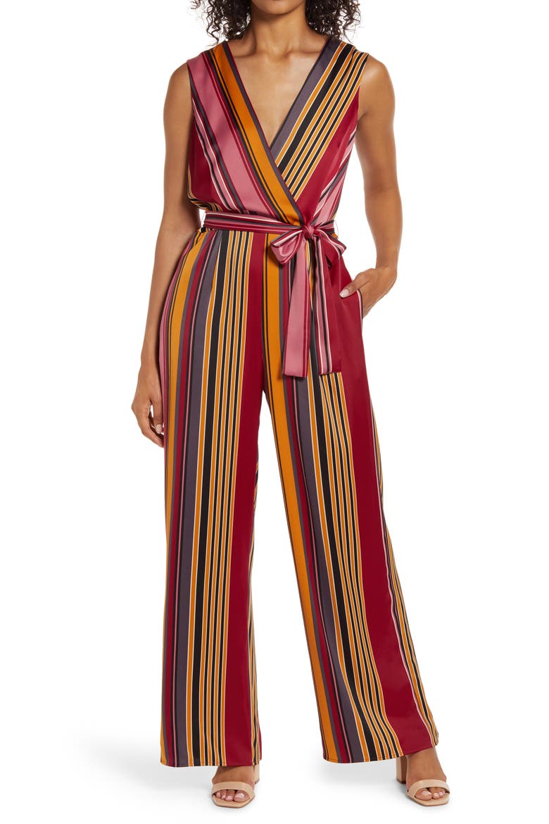 Stripe Wide Leg Jumpsuit, Main, color, GOLD/ ROYAL WINE