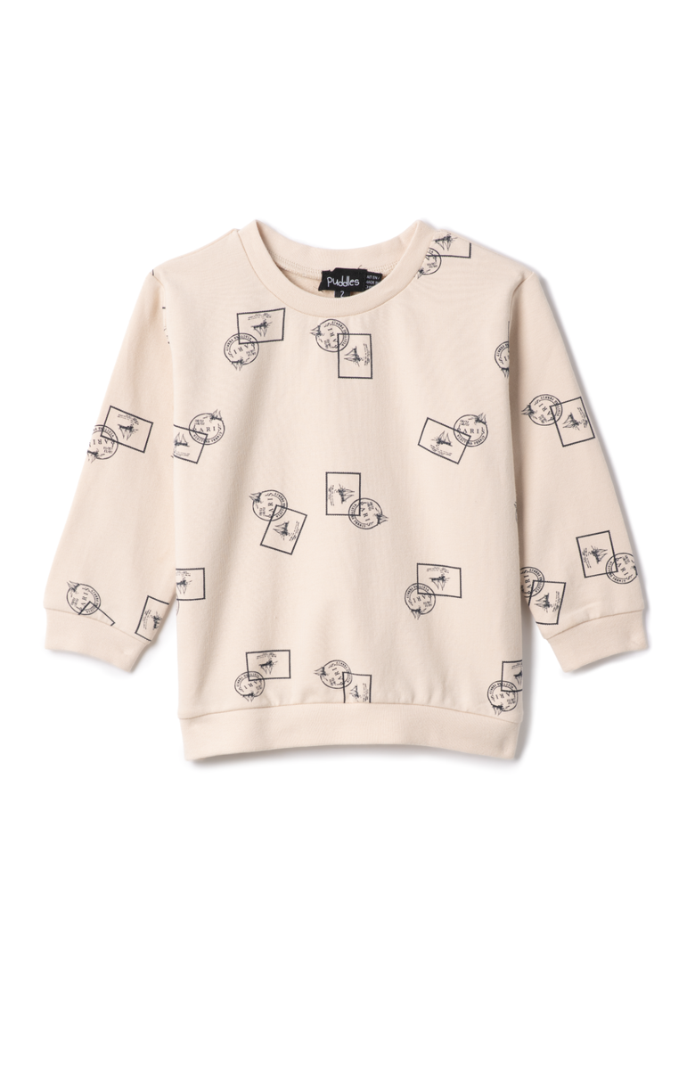 Puddles Boy Stamp Print Long Sleeve French Fleece Sweatshirt, Main, color, Dark Almond/Blue
