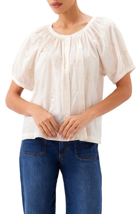 Floral Embroidered Button-Up Peasant Top