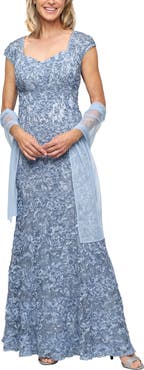 Alex Evenings Soutache Sequin Lace A-Line Gown with Wrap