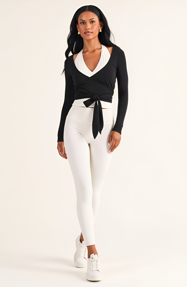 Modenaire Wrap Front Long Sleeve Crop Top with Tie Waist Detail, Alternate, color, Black