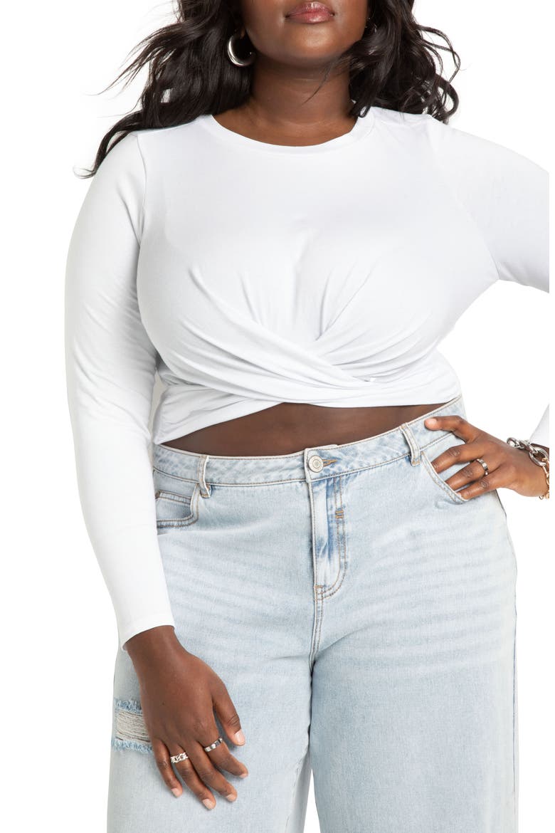 Crossover Hem Long Sleeve Crop Top, Main, color, TRUE WHITE
