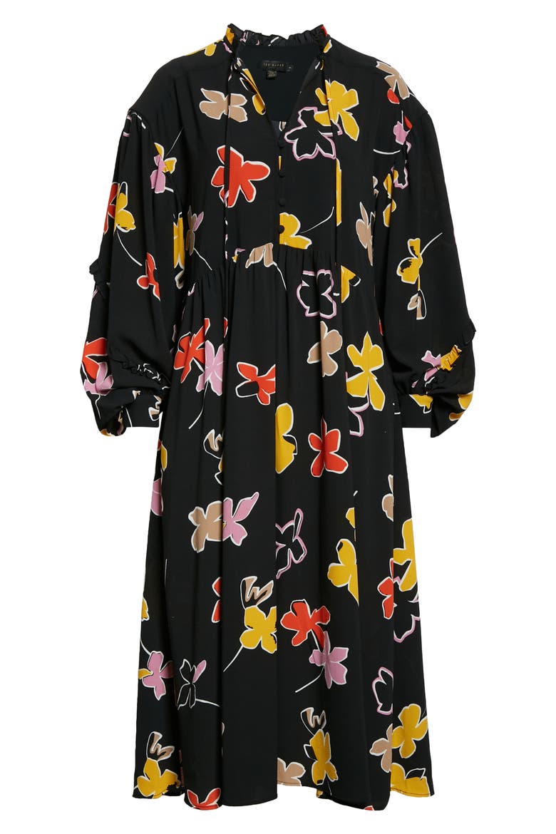 Yviee Chuck Ruffle Long Sleeve Floral Midi Dress, Alternate, color, BLACK