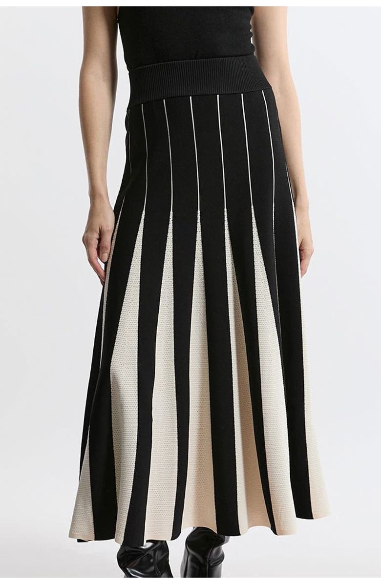 Karen Millen Pointelle Colour Block Pleated Skirt, Main, color, Mono