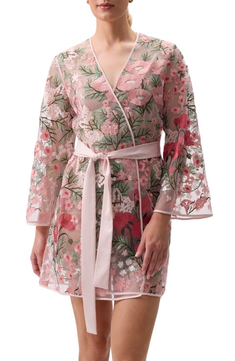 Bouquet Embroidered Tie Waist Cover-Up Robe