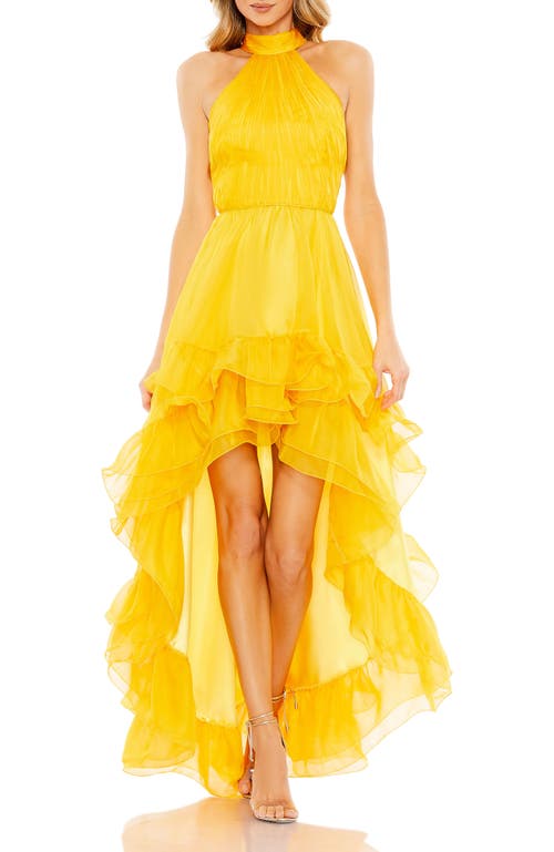 Mac Duggal Halter Neck Tiered Ruffle High Low Dress In Gold