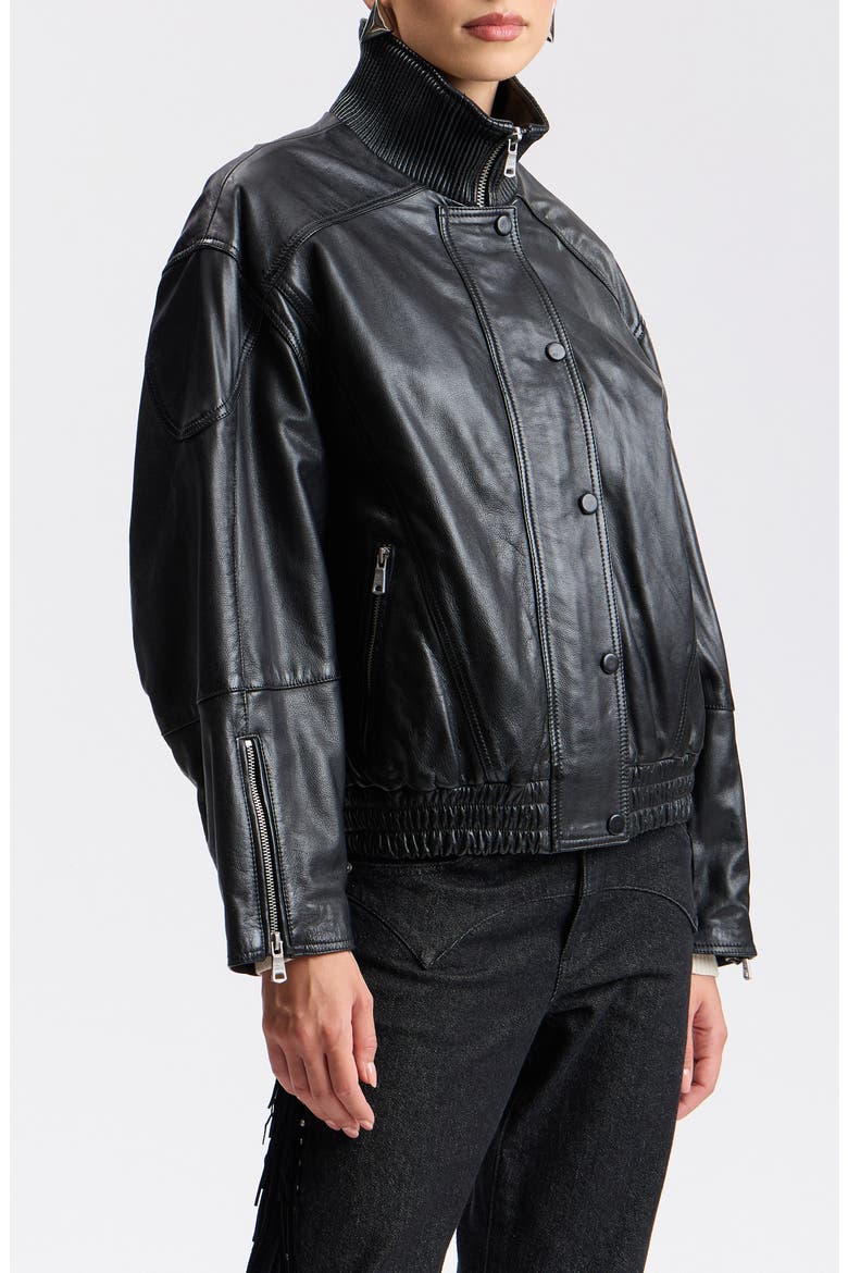 Funnel Neck Oversized Leather Bomber Jacket, Alternate, color, BLACK