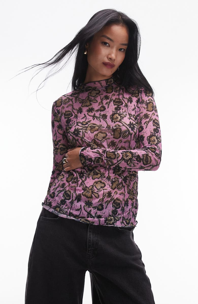 Topshop Floral Print Funnel Neck Crinkle Top, Main, color, 