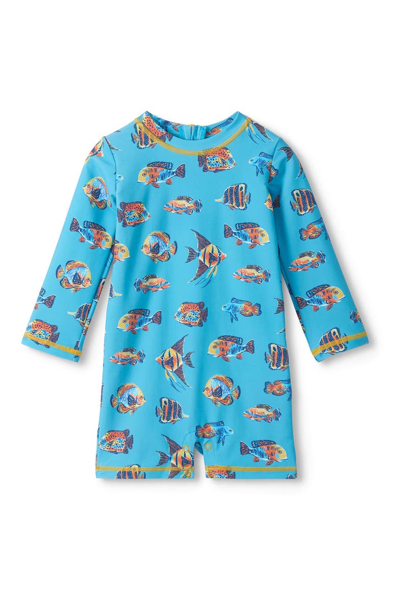 Tropical Ocean Long Sleeve One-Piece Rashguard Swimsuit, Main, color, BLUE