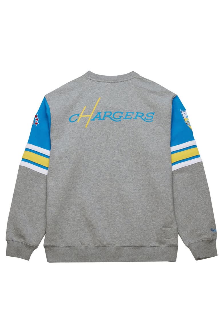 Men's Mitchell & Ness Heather Gray Los Angeles Chargers All Over 4.0 Vintage Logo Pullover Sweatshirt, Alternate, color, Heather Gray
