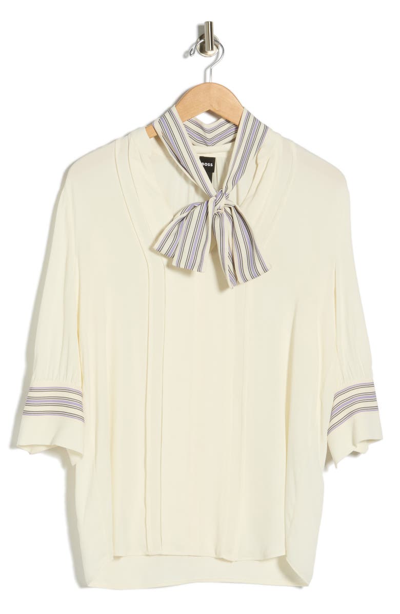 BOSS Be Stripe Tie Neck Short Sleeve Top, Alternate, color, Open White