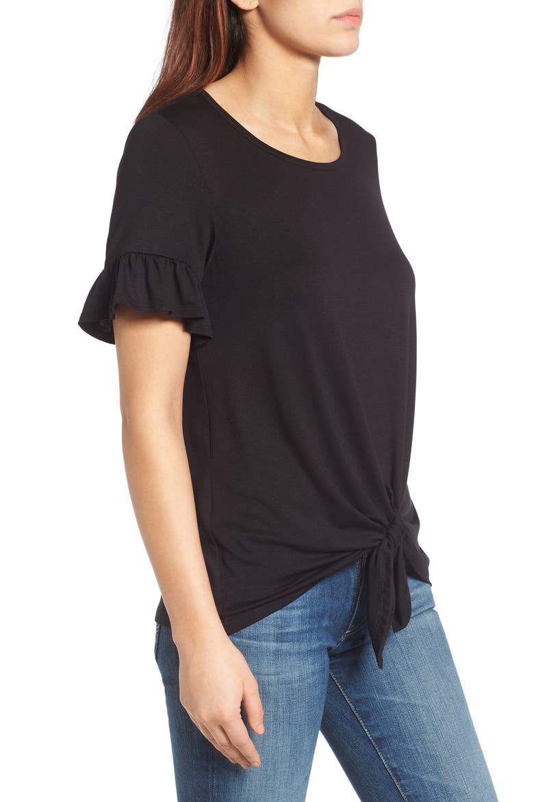 Bell Sleeve Tie Front Top, Alternate, color, BLACK