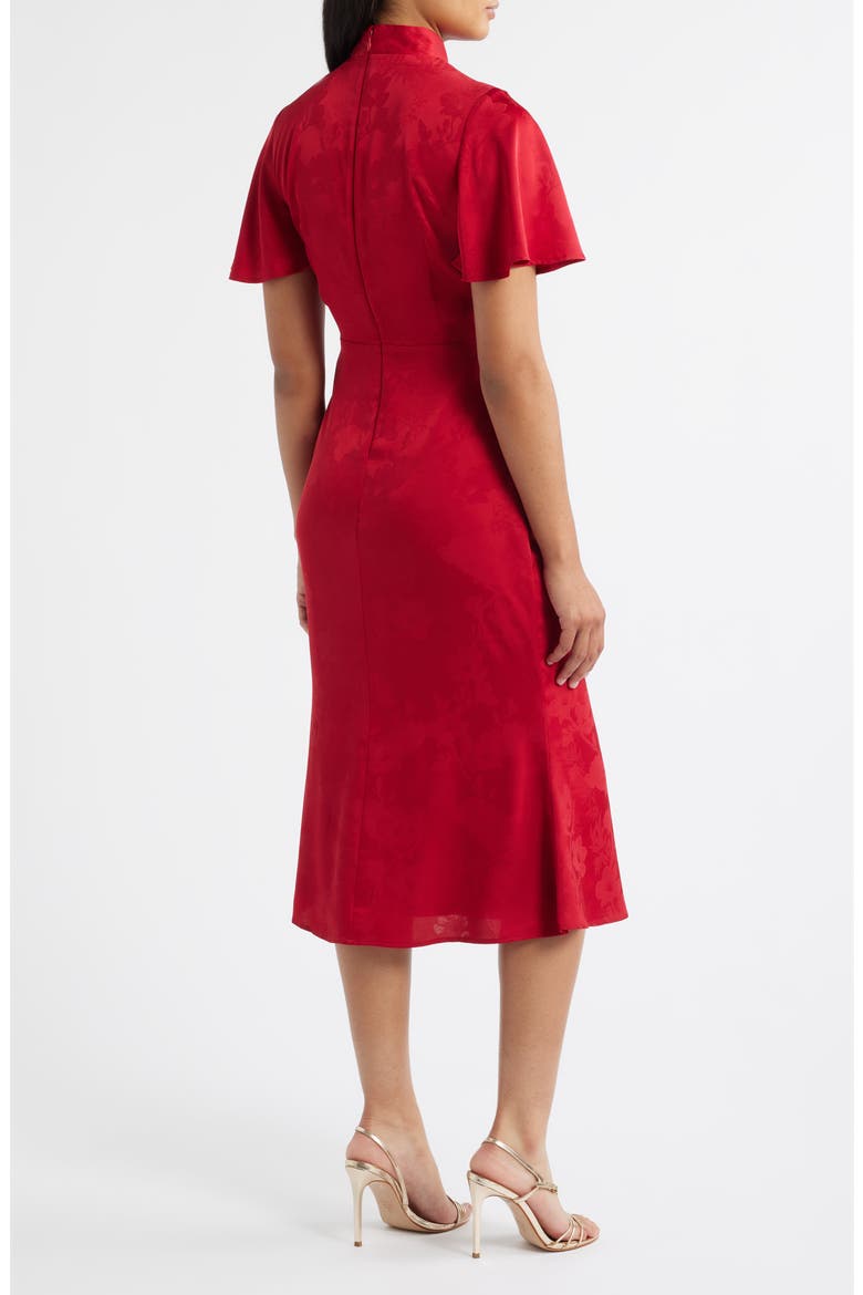 Floral Jacquard Satin Flutter Sleeve Midi Dress, Alternate, color, RED
