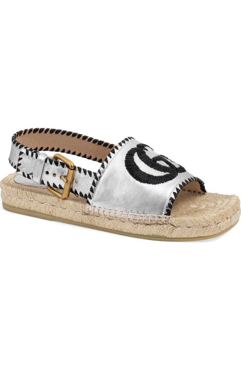 Gucci Pilar Embroidered Double G Logo Slingback Espadrille Sandal, Main, color,