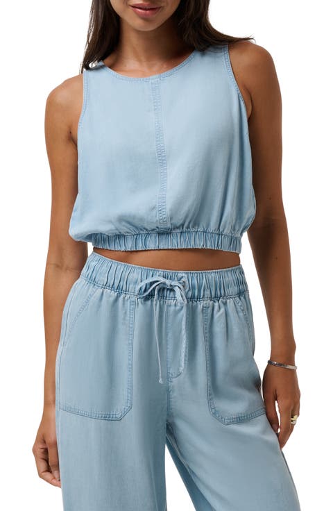 Sleeveless Elastic Waist Crop Chambray Top