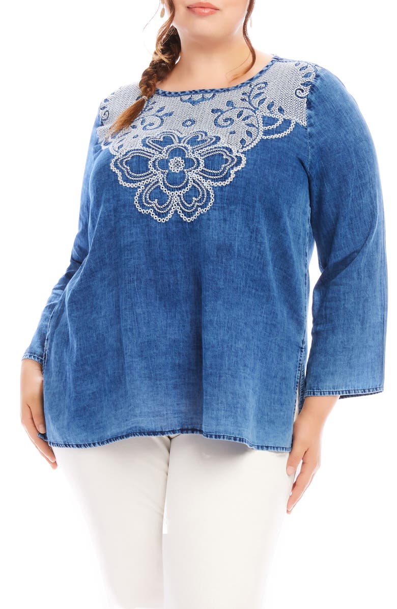 Karen Kane Floral Embroidered Denim Top, Main, color, 