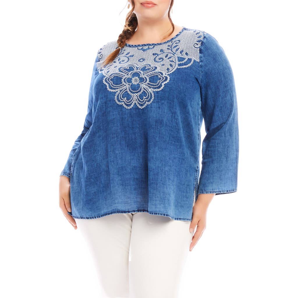 Karen Kane Floral Embroidered Denim Top In Indigo