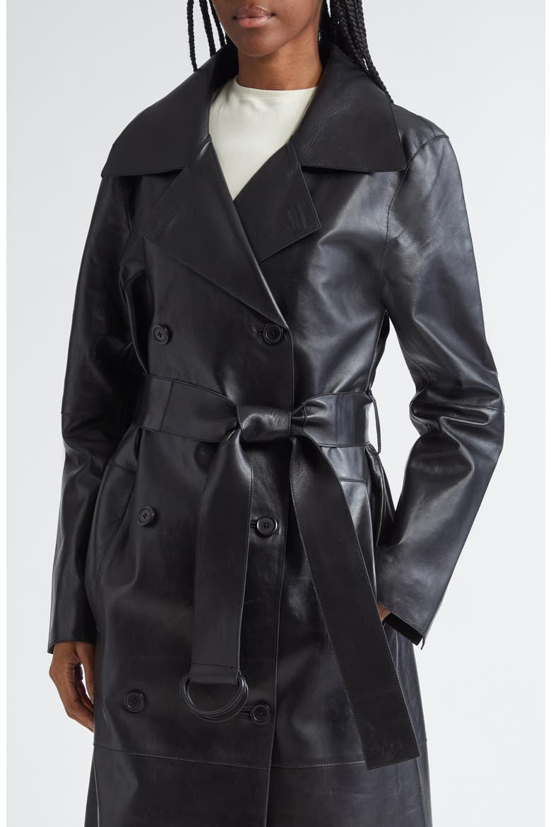 Paris Double Breasted Belted Lambskin Coat, Alternate, color, BLACK