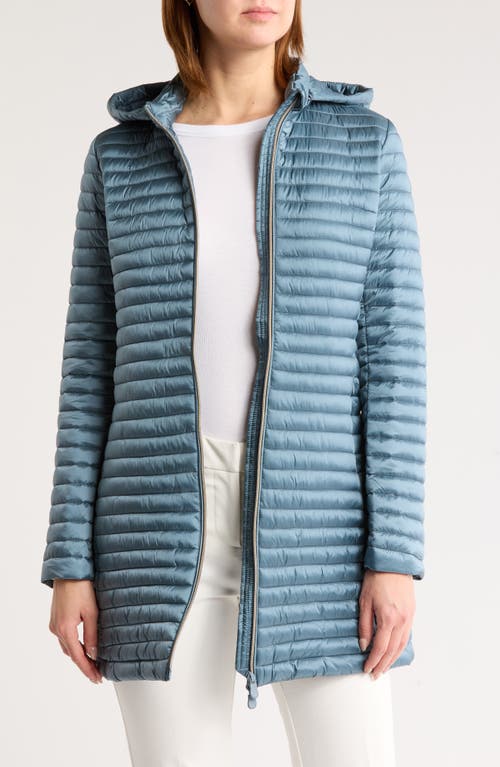 Save The Duck Chiara Hooded Shiny Long Puffer Jacket In Atilan Grey