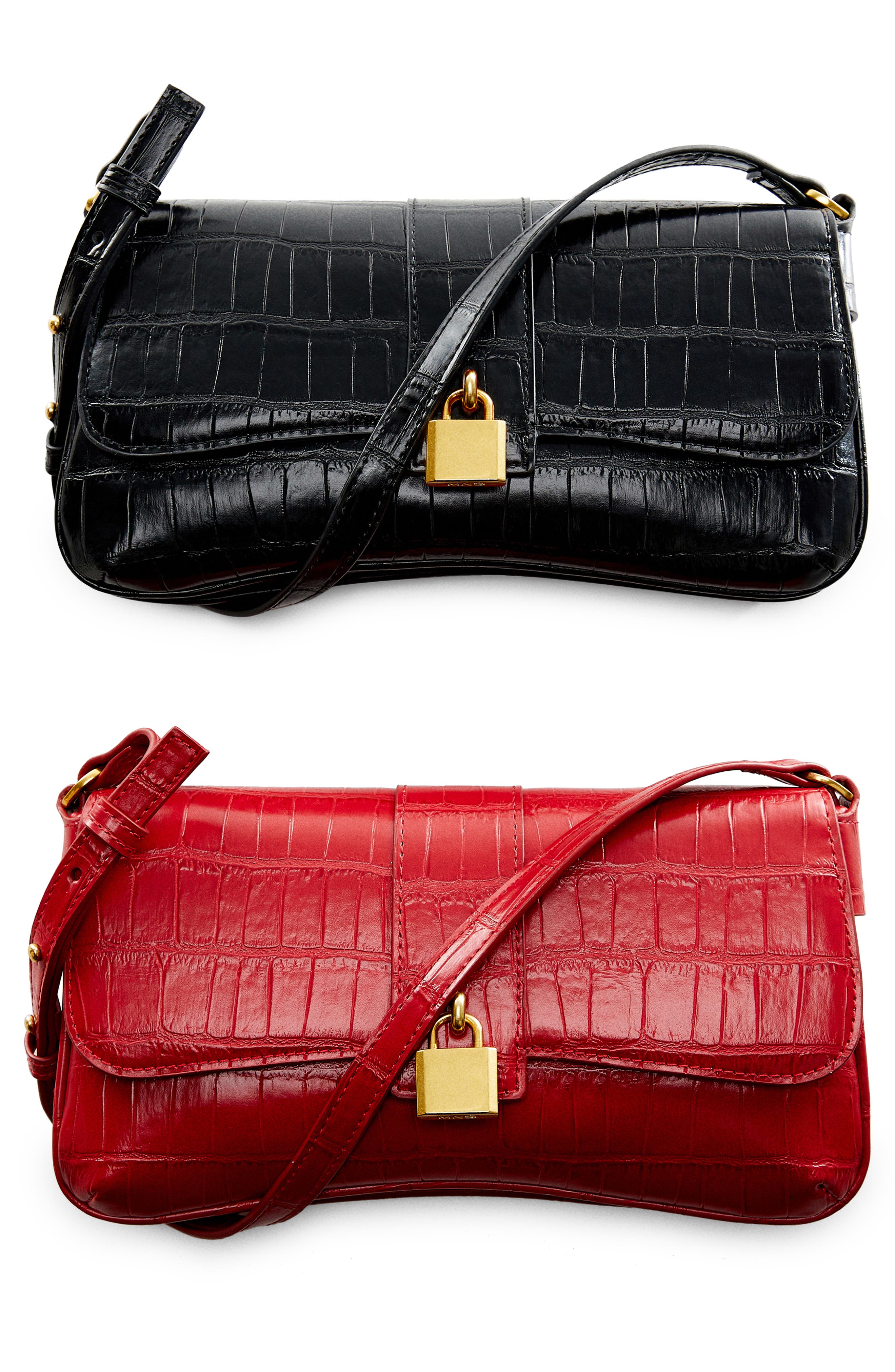 MANGO Padlock Croc Embossed Shoulder Bag, Alternate, color, 