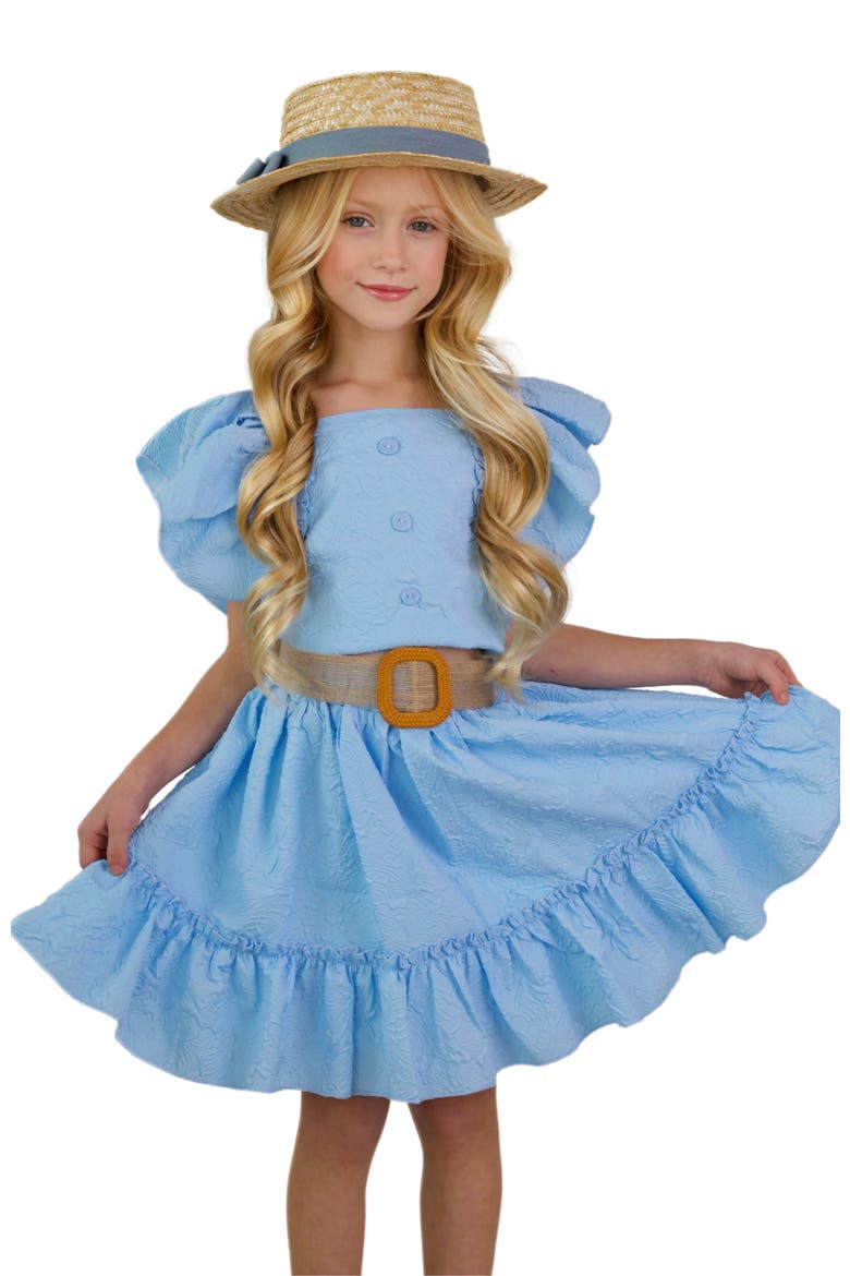 Girls Ruffle Sleeve Belted Skirt Set, Main, color, Blue