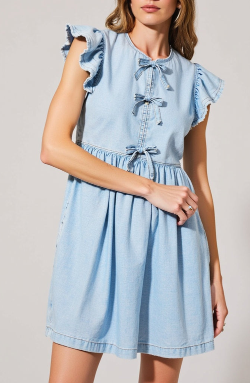 Modenaire Sleeveless Ruffle Denim Mini Dress With Bow-tie Front In Blue