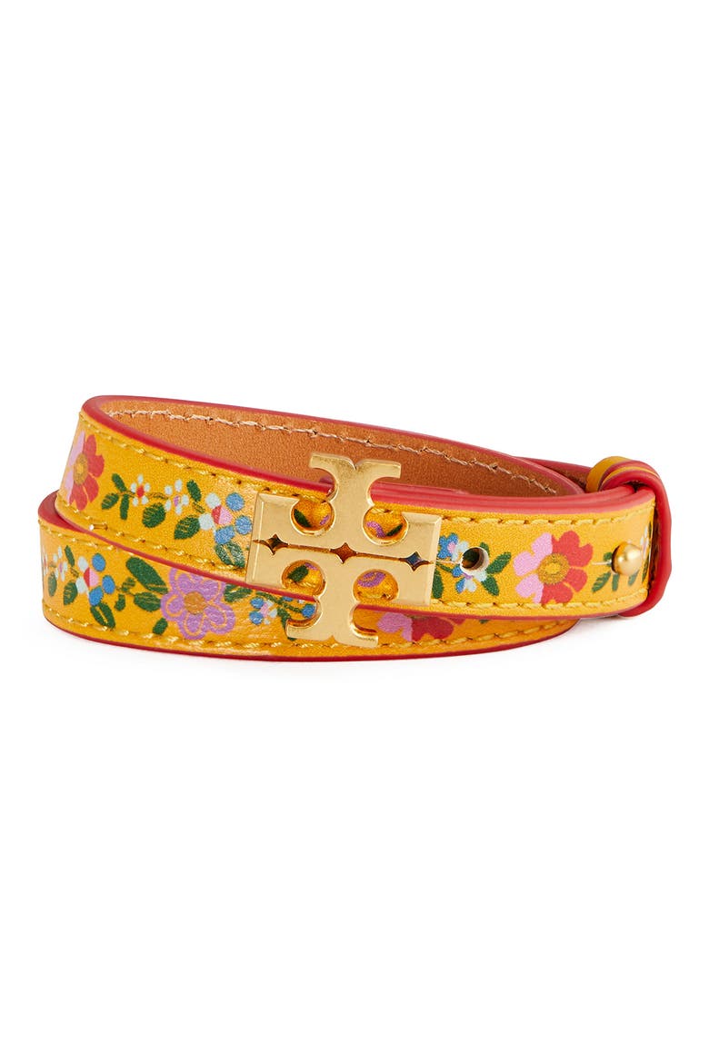 Kira Floral Leather Double Wrap Bracelet, Main, color, ROLLED BRASS 59 / MULTI