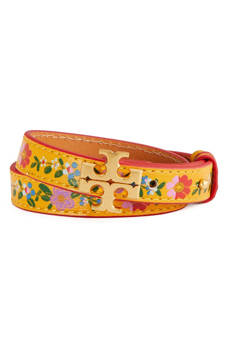 Tory Burch Kira Floral Leather Double Wrap Bracelet, Main, color, 